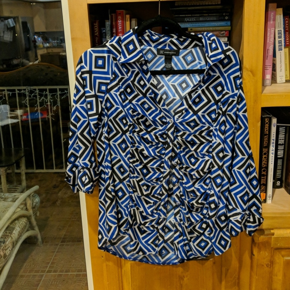 INC Blouse Blue and White Patterned